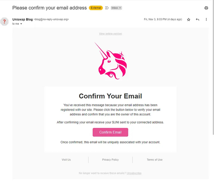 Come rubano cripto con email - Phishing Uniswap