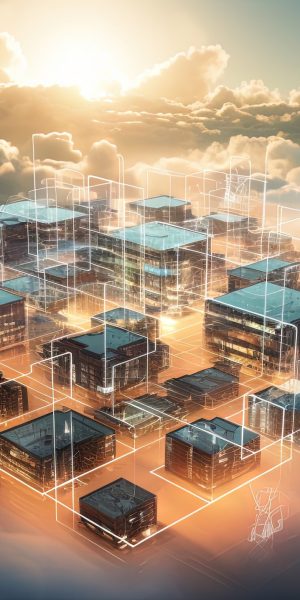 Concept of a digital city with cloud connections. Futuristic network in the clouds. Generated AI