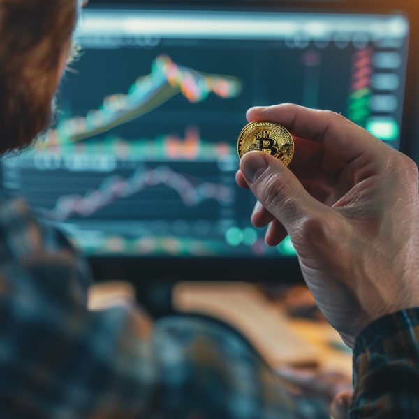 Close-up of a cryptocurrency investor holding a shiny physical bitcoin coin, with digital trading charts displayed on a computer screen in the background. the scene emphasizes the modern financial technology and the role of bitcoin in the digital economy.